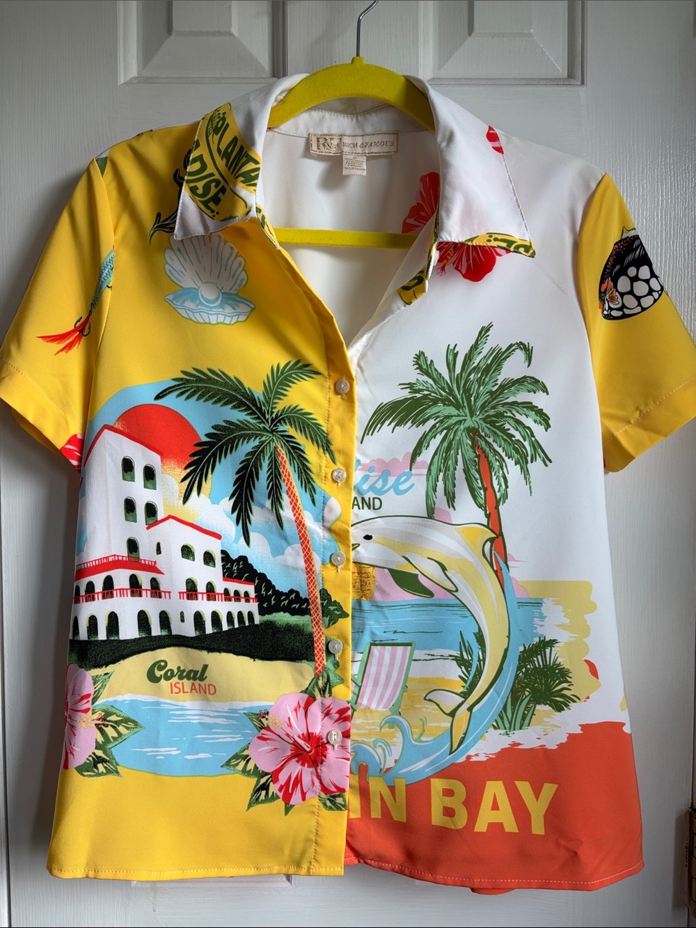 Rich and Famous Tropical Print Short Sleeve Blouse Dolphin Paradise
